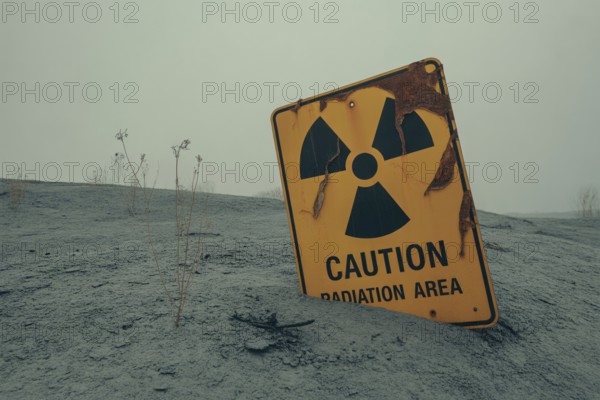 Radiation warning sign with text Caution Radiation Area in scorched earth. Symbol for danger of
