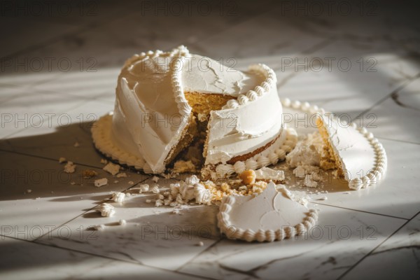Shattered wedding cake in pieces on pristine marble floor under warm indoor lighting. Generative
