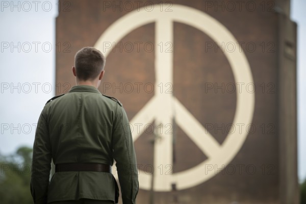 Back view of solitary soldier facing peace symbol on brick wall. Symbol of reflection, hope, and