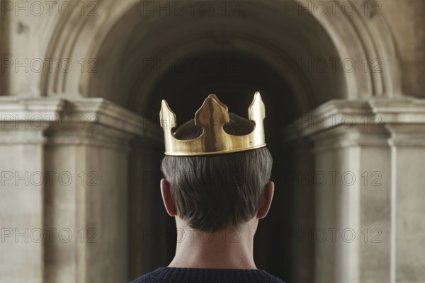 Man wearing golden crown seen from behind. Formal portrait evokes themes of monarchy, power, and