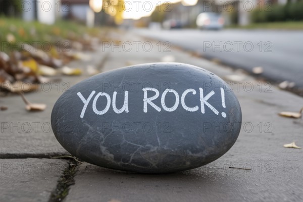 Close-up of grey river rock with You rock! chalk message on cracked sidewalk. Encouragement concept