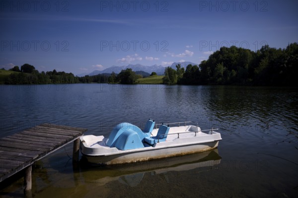 Pedal boat in a swimming lake, lake, swimming lake, Schwaltenweiher near Seeg, Ostallgäu, Allgäu,