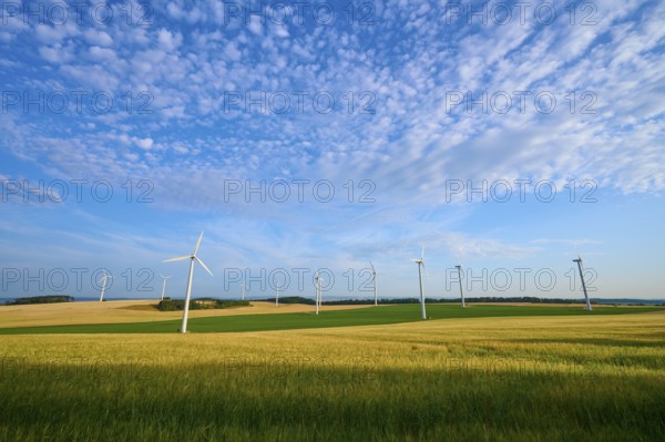 A row of wind turbines on green fields under a cloudy sky, summer, Höhefeld, Wertheim,