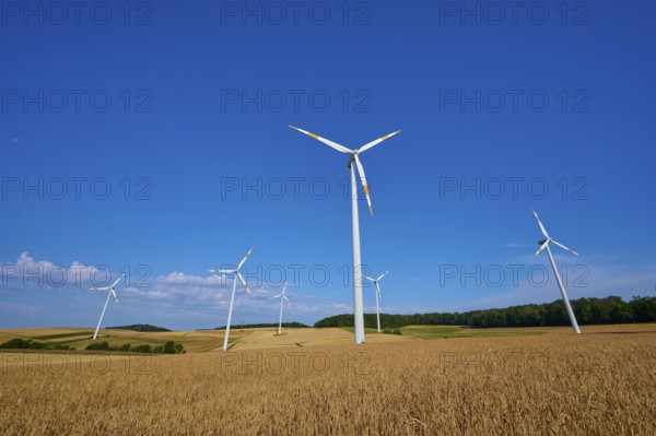 Several wind turbines standing on fields under a clear blue sky, summer, Wenkheim, Werbach,