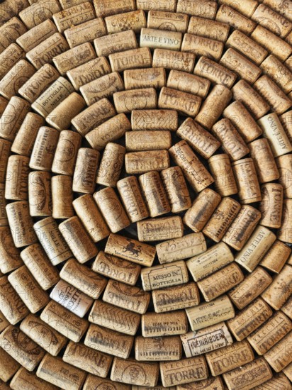 A large number of wine corks laid close together in a spiral pattern. The corks come from different