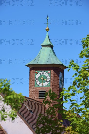 A tower with a green dome and clock, surrounded by blossoming trees under a clear sky, Triberg in