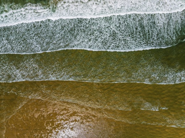 Top Down view over Waves and Contis beach from a drone, Saint Julien en Born, Saint-Julien-en-Born,