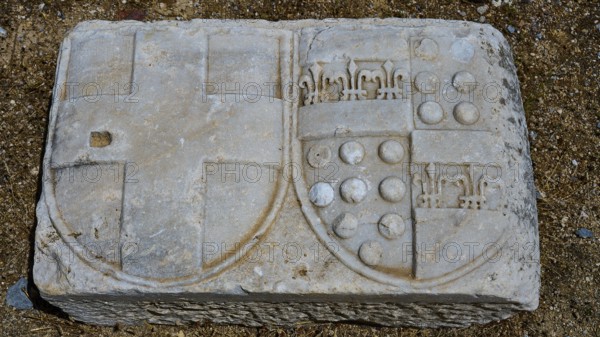 Ancient stone slab with engraved coats of arms and symbols, Abandoned Village, Lost Place, Pyli,