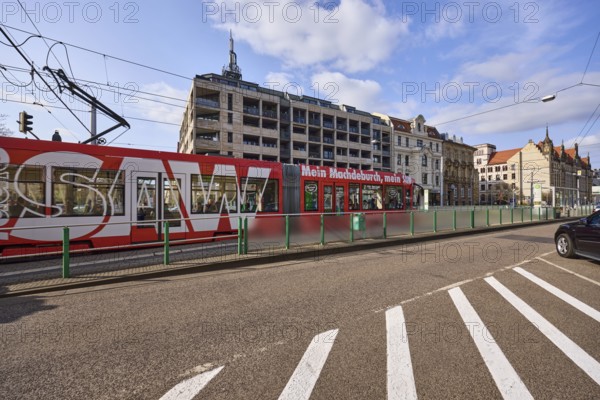 Tram stop Domplatz, overhead lines, tram, street, general architecture, blue sky, cumulus clouds,