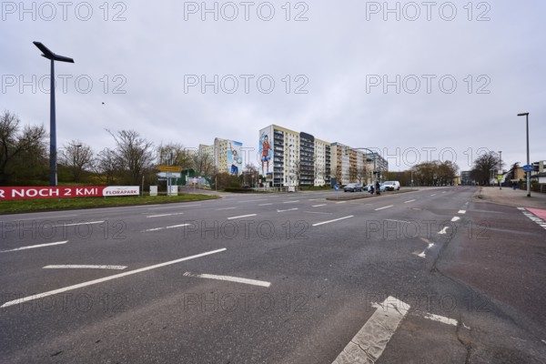 High-rise buildings, residential buildings, residential silos, lantern, asphalt road, lane
