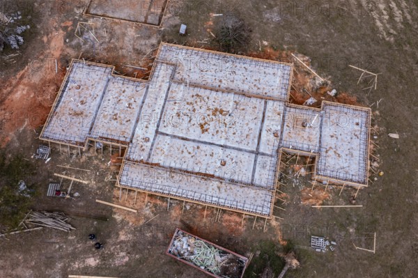 Aerial view of formwork for the foundation of a custom home in rural Mississippi