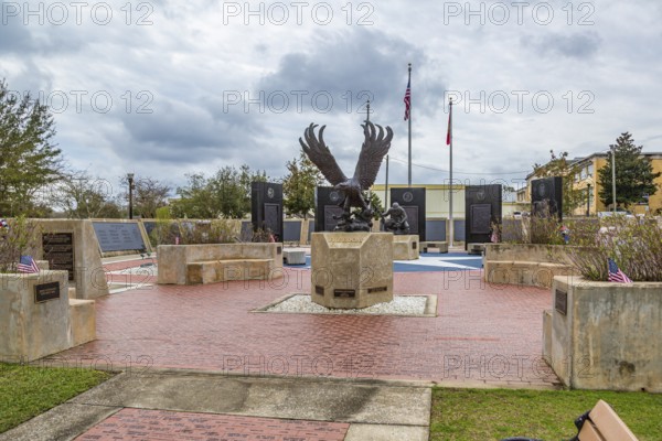 Freedom statue eagle centered in the Santa Rosa County Veterans Memorial Plaza in downtown Milton,