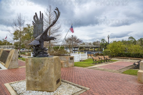 Freedom statue eagle centered in the Santa Rosa County Veterans Memorial Plaza in downtown Milton,