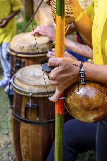 Meeting of Brazilian musicians playing their berimbaus and atabaques outdoors, Minas Gerais, Brazil