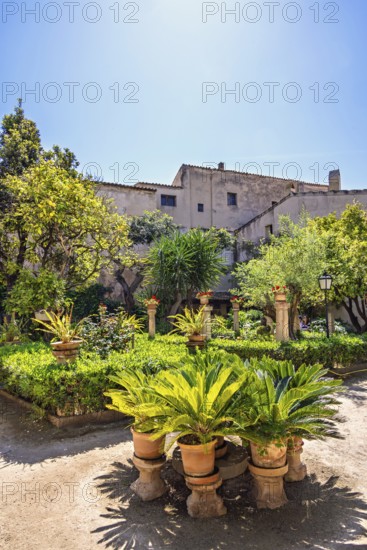 Lush green plants in terracotta pots in on a garden path at the beautiful Banys Arabs garden a