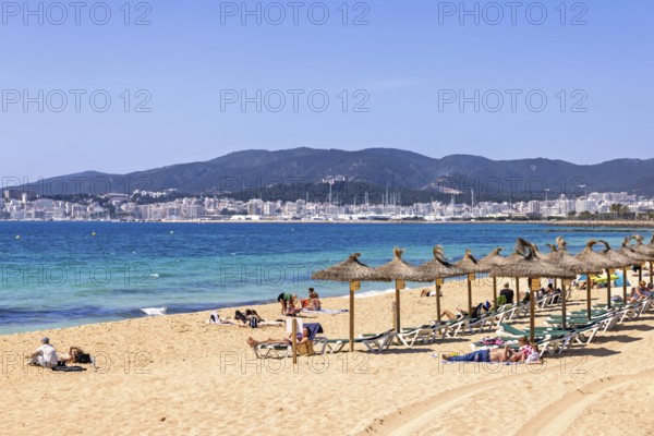Sand beach by the blue mediterranean sea with sunbathing people at sun lounger and the palma city