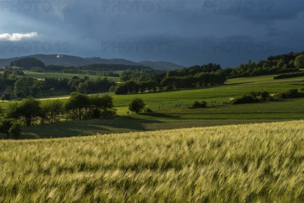 Dramatic cloudy sky with approaching storm and last rays of sunshine, Frankenhain, dark cloud wall,