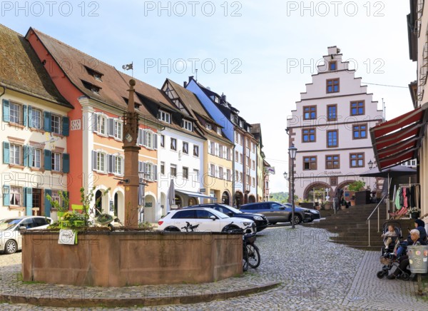 Market square with market fountain and town hall with stepped gable, Endingen am Kaiserstuhl,