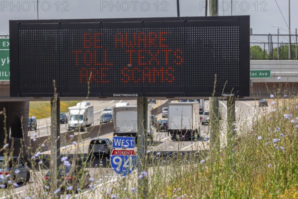 Detroit, Michigan - A message on an electronic road sign on Interstate 94 warns drivers about