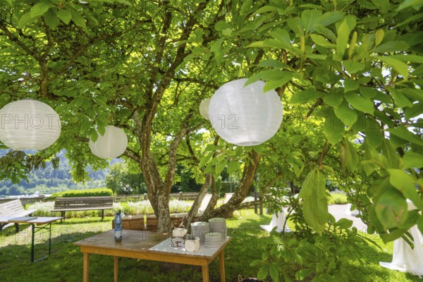 Summer garden with table, crockery and decorative white lanterns under a tree, event and wedding