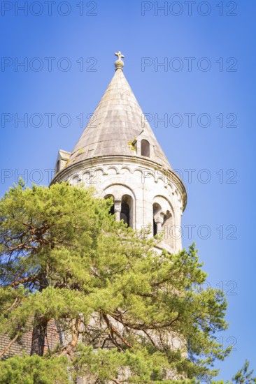 Top of a medieval church tower with a tree in the foreground under a blue sky, event and wedding