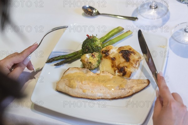 An elegant plate with fish, asparagus and broccoli on a laid table, event and wedding location