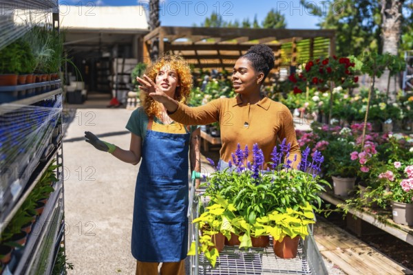 Garden center employee assisting a customer in selecting vibrant plants and flowers for her garden,