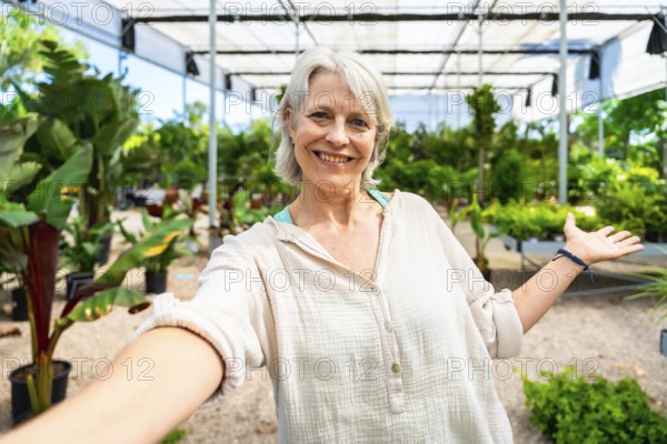 Senior gardener smiling while taking a selfie, proudly displaying vibrant plants in her lush