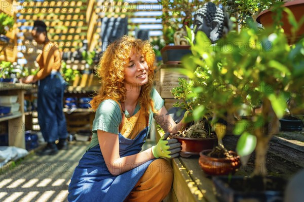Female gardener nurturing a bonsai tree while tending to plants in a vibrant greenhouse at a local