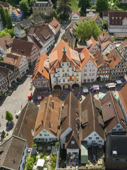 Historic old town with half-timbered houses and central square seen from the air, Calw, Black