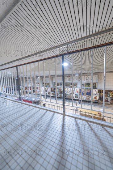 View over a grille into a modern exhibition room with works of art, historical art exhibition in