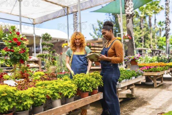 Two women collaborating in a garden center, consulting a digital tablet while discussing various