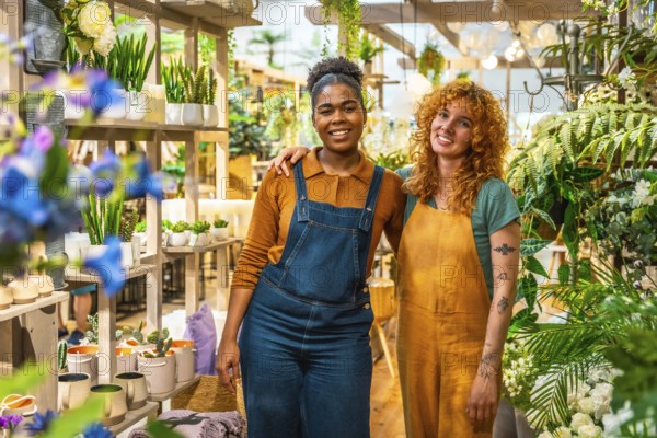 Two joyful florists posing together in their vibrant flower shop, surrounded by a colorful array of