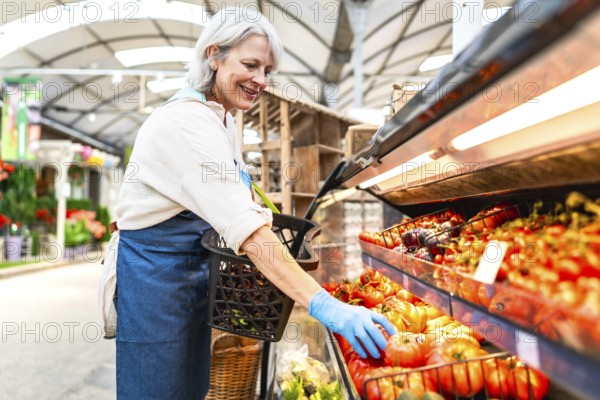 Senior greengrocer with gloves arranging fresh tomatoes on display at farmers market, small
