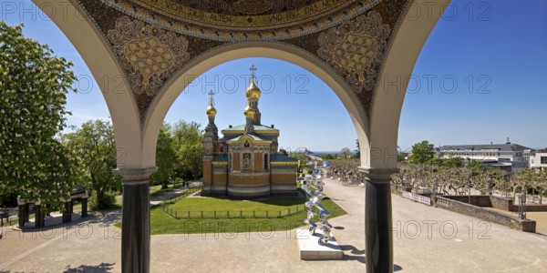 View from the pavilion to the Russian Chapel with the stainless steel sculpture by Tony Cragg,