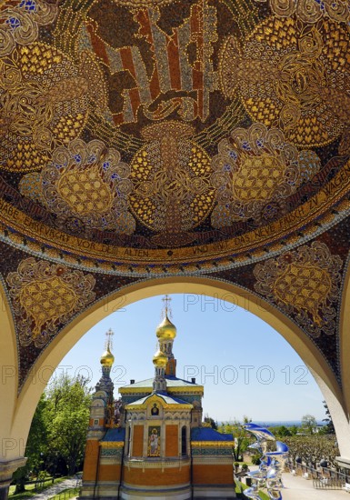 View from the pavilion with artistic mosaic of the Russian Chapel, Mathildenhöhe, UNESCO World