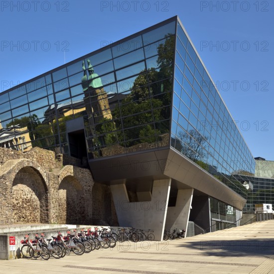 West side of the Darmstadtium congress centre with historic city wall in the centre of Darmstadt,
