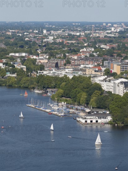 Aerial view of the Outer Alster with sailing ships and view of the rowing club Allemania from 1866