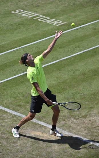 Alexander Zverev GER, action, serve, STUTTGART lettering on grass, tennis, ATP 250, BOSS Open 2025,