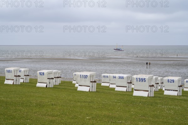 Beach chairs on the green beach, walker on the mudflats, fishing boat, Büsum, North Sea,