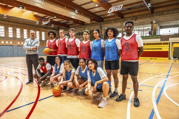 High school basketball team posing for a photo with their coach on the court, ready for the game,