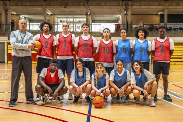 Diverse high school basketball team posing confidently for a group photo with their coach on the