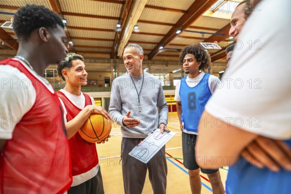 Basketball coach explaining game strategy to a multi ethnic team using a clipboard in a gymnasium,