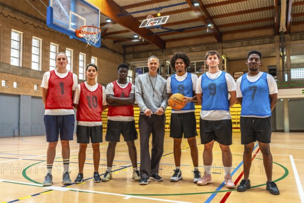 Multi ethnic basketball team and their coach standing together on the court after a training
