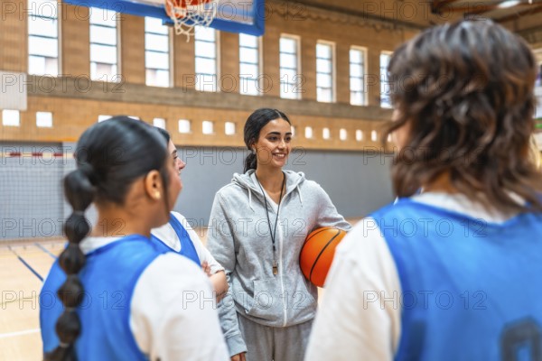 Female basketball coach holding a ball while engaging with her team during an intense training