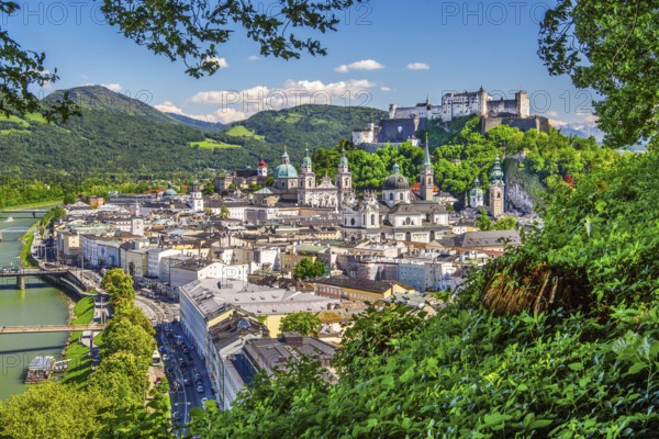 Panoramic view from the Mönchsberg with the churches of the old town and Hohensalzburg Fortress,