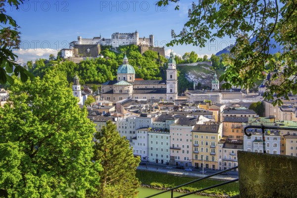 Panoramic view from the Kapuzinerberg to the historic city centre with Hohensalzburg Fortress,