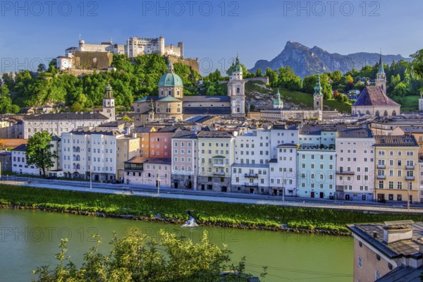 Panoramic view from the Kapuzinerberg over the Salzach to the old town with the Hohensalzburg
