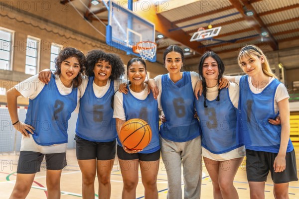 Diverse group of female basketball players hugging and holding ball, showcasing team unity and