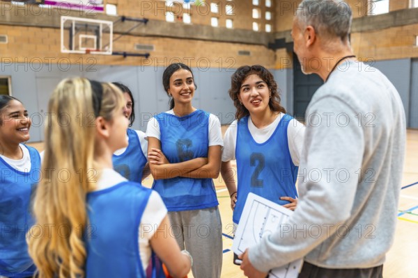 High school girls basketball team listening to their coach explain game strategy on a clipboard in